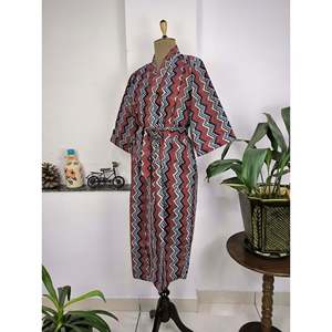 Kimono Boho de Algodón Puro Estampado a Mano de la India, Vestido de Verano para Playa, Túnica Roja y Azul con Estampado Geométrico, Cubre Traje de Baño para Navidad - Product Image 6