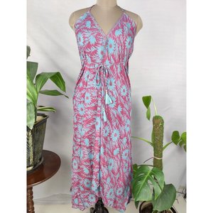Boho Recycled Silk Summer Maxi Dress Bohemian Halter Neckline with Tassel Decoration for <b>Beach</b> or Strand Use - Product Image 1