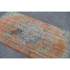 Alfombra turca Vintage de 4 'X 7', naranja, azul, tejido plano, Alfombra de lana, respaldo de látex, patrón de retazos, decoración de sala de estar para adolescentes - Product Image 4