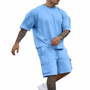 2025 conjunto de pantalones cortos transpirables para hombre, pantalones cortos a juego de Color azul personalizado para hombre, conjunto doble de algodón, conjunto superior de tendencia de verano - Product Image 1