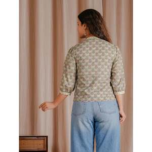 Chemisier court gris en coton Butti pour femme, style Pintux, col nœud, motif lettre diamant, respirant, 100% coton tissé, taille XS, longueur longue - Product Image 6