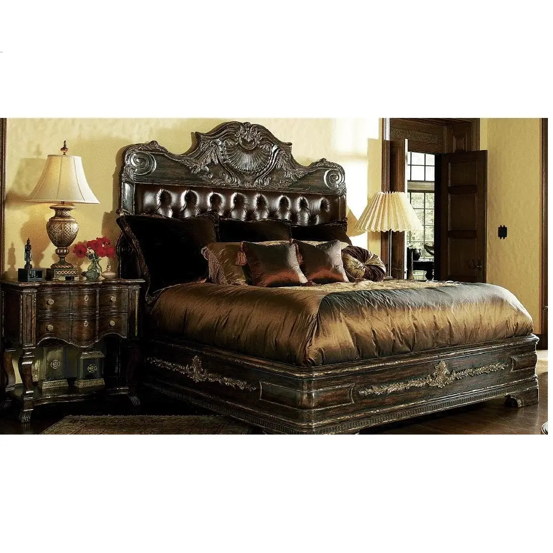 Furnitur kamar tidur ukir mewah gaya antik Set, kerajinan kayu ukuran Ratu kamar tidur Set terjangkau ukuran King tempat tidur ukir seluruh