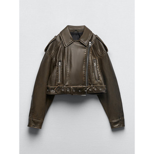Custom High Quality Eco-Friendly Synthetic Leather Beaded Jacket Women Retro Moto Biker Coat Vintage Loose Fit Cropped Design - Product Image 2