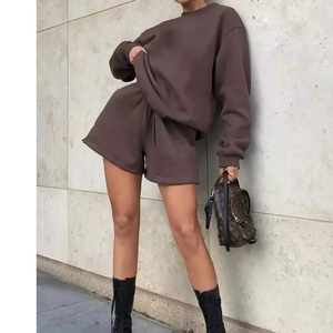 Hoàn Hảo Chất Lượng Cao Mùa Đông Rắn Thêu Của Phụ Nữ Dài Tay Áo Crew Neck Áo Và Quần <span class=keywords><strong>Short</strong></span> Set 100% Cotton Thoáng Khí - Product Image 6