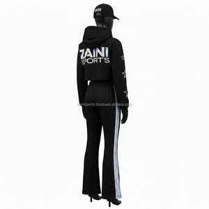 Survêtement noir pour femmes de qualité supérieure, polyester, élasthanne, polaire, 280 g/m², pantalon évasé, panneau latéral, logo par transfert thermique, survêtements grande taille - Product Image 5