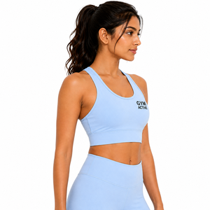 Women Light Blue Plaid <b>Racerback</b> Sports <b>Bra</b> High Waist Leggings Set Custom Gym Activewear Yoga Workout Fitness Plus Size Front - Product Image 3