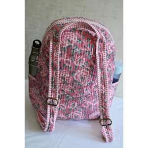 Lightweight Cotton Quilted Mini <b>Backpack</b> <b>with</b> Zipper Closure Handmade in India Floral Hand Block Print for Travel & School Use - Product Image 5