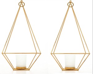 Set of 2 Gold-Finished <b>Tealight</b>/Votive Holder <b>Lanterns</b> Indoor and Outdoor Garden Decor Metal Material for Home Decoration - Product Image 1