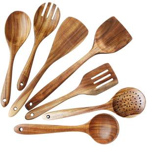 Cucharas de madera de teca natural Juego de utensilios de cocina Espátula de madera antiadherente para cocinar Apto para lavavajillas - Product Image 1