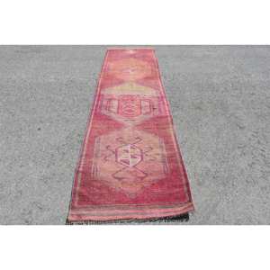 Alfombra Kilim de 2,9x10,8 pies, rosa, naranja, tejido plano, Jacquard, alfombra turca, Material de lana viscosa, retales de látex de felpa para pasillo - Product Image 1