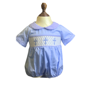 Vêtements pour bébé Vêtements pour enfants Smockés Barboteuse à bulles pour petit garçon Barboteuse bleue à manches courtes Personnaliser Fabricant OEM ODM - Product Image 1