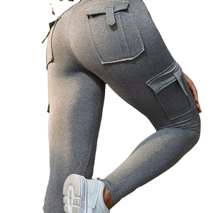 Twill Mujeres Grey Cargo Pocket Leggings Pantalones elásticos de cintura alta para entrenamiento, gimnasio y ropa casual Pedidos de OEM - Product Image 5