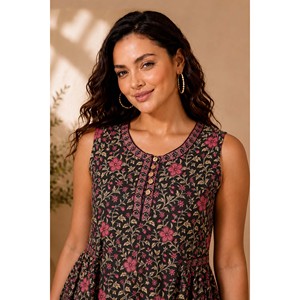 Vestido Maxi de Algodón con Estampado Floral Negro para Mujer - Elegante Vestido de Noche Largo hasta el Suelo - Product Image 1