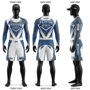 Rashguard et short de BJJ personnalisés, 260 GSM, polyester et élasthanne, blanc, bleu, gris, design de panneaux sublimés - Product Image 1