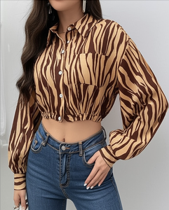 Women's Striped Balloon Sleeve Blouse Shirt Collar Loose Fit With Pocket And Tie Waist Casual <b>Top</b> Full Sleeve Chiffon Material - Product Image 4