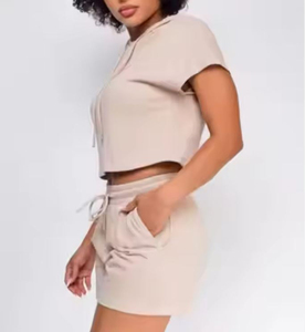 Conjunto de 2 piezas informal personalizado de verano 2026, sudaderas con capucha para mujer, conjunto corto de dos piezas de poliéster y algodón gris de alta calidad, ropa para mujer - Product Image 4