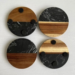 Luxury Round Acacia Wood and Marble Coaster Set Creative Square Pattern Tea Coffee Beer <b>Mat</b> for Home or <b>Bar</b> Decor Glass Pad - Product Image 6