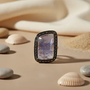 Blue Sapphire & Diamond <b>Statement</b> <b>Ring</b> Oval Cut Topaz Gemstone with Rhodium Plating Rhodium Set <b>Ring</b> - Product Image 1