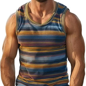 Camisetas sin mangas gráficas a rayas Retro para hombre, moda informal sin mangas de verano, chaleco estampado 3D, cuello redondo suelto, deportes de secado rápido - Product Image 4