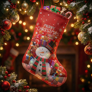 43 cm <b>Red</b> Christmas Stocking with Printed Design Fur and Plaid <b>Material</b> for Winter Festive Merry Christmas Occasion - Product Image 1