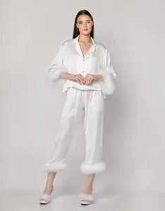 Zomer Vrouwen Zijde Veer Pyjama Tweedelige Pyjama Satijn Lounge Wear Set Voor Vrouw