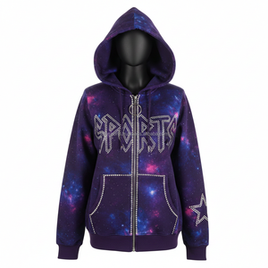 Sudadera con Capucha y Cremallera con Estampado de Galaxia para Mujer, Tela de Felpa de Poliéster, Logotipo Deportivo con Pedrería, Personalización Disponible, Sudaderas Básicas con Cremallera - Product Image 6