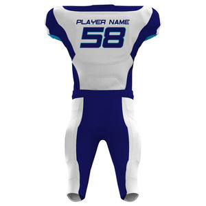 Customizable College American <b>Football</b> Wear <b>White</b> Blue Team Design Printed Sublimation Pattern Logo on OEM Jersey Plus Size Set - Product Image 5