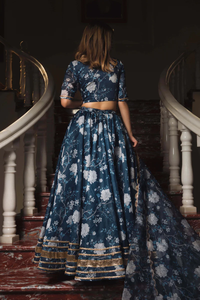 <b>Navy</b> Blue Floral Lehenga Set with Printed <b>Skirt</b> Deep Neck Blouse and Dupatta Elegant Designer Indian Festive Wear Outfit Fashion - Product Image 4