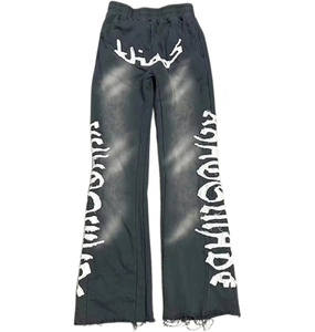 Haute qualité coton surdimensionné en détresse broderie longue Flare pantalon ensemble unisexe hommes survêtements lavage à l'acide 2 pièces fermeture éclair survêtement - Product Image 4