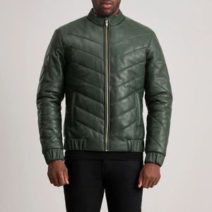 Veste matelassée en cuir verte personnalisée pour hommes Vente en gros de service OEM à col montant et fermeture à l'avant style hiver décontracté - Product Image 1