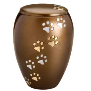 Urnes de crémation pour animaux de compagnie en aluminium marron Urnes pour animaux de compagnie en métal de la plus haute qualité avec des empreintes de pattes finies en or d'Inde - Product Image 1