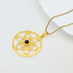 Collier Pendentif Bohème Géométrique Tendance de Bonne Qualité pour Femme, Bijoux Mandala en Laiton Plaqué Or 18 carats, Onyx Céleste – Vente en Gros/OEM/ODM - Product Image 3