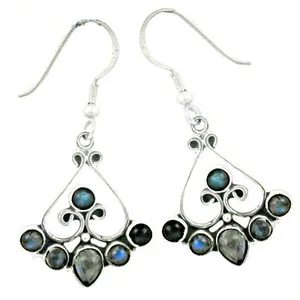 Pendientes Largos de Plata de Ley 925 con Labradorita Vintage para Mujer, con Baño de Oro Blanco, Perla y Diamantes como Piedras Principales, para Fiestas - Product Image 1