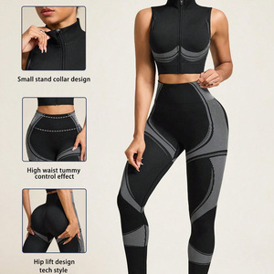 Tenue d'entraînement 2 pièces pour femmes OEM Chemise respirante à fermeture éclair Leggings élastiques à taille haute en dentelle Logo personnalisé pour l'entraînement - Product Image 3