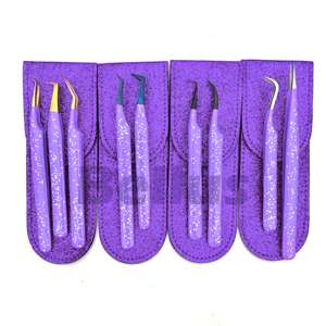 Pinzas de extensión de pestañas con 2 uds. Bolsa de almacenamiento de cuero PU Estuche de viaje púrpura Embalaje con logotipo personalizado - Product Image 4