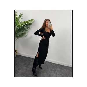 เดรสสีดำลำลอง คอเหลี่ยม แขนยาว ผ้าออตโตมัน เอวธรรมชาติ แขนยาว - Product Image 3