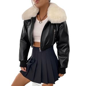 Chaqueta de moto de piel de vaca vintage para mujer, con cuello de pelo largo bordado, cremallera, bolsillos y hombros caídos, ideal para invierno. - Product Image 5