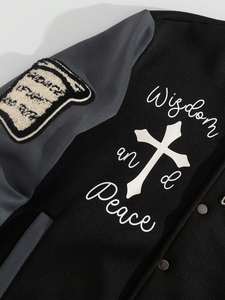 เสื้อแจ็กเก็ตเบสบอลแบบวิทยาลัยของผู้ชายเสื้อนอกด้านหน้ามีฮู้ดแขนสีเทาผ้าคอตตอน100% สองโทนสำหรับฤดูหนาว - Product Image 5