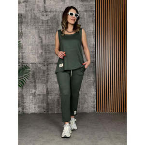 Ensemble deux pièces pour femme, chemisier à bretelles et col rond en viscose à deux fils et pantalon de survêtement, 26609 - Kaki - Product Image 3