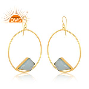 Dernière conception faite à la main 18K plaqué or naturel Aqua calcédoine pierres précieuses balancent boucle d'oreille Demi fabricant de bijoux fins - Product Image 2