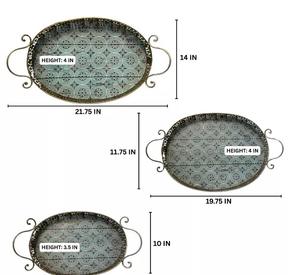 Ensemble de trois plateaux ovales décoratifs avec poignées en métal et motifs géométriques complexes pour un service et une présentation élégants - Product Image 2
