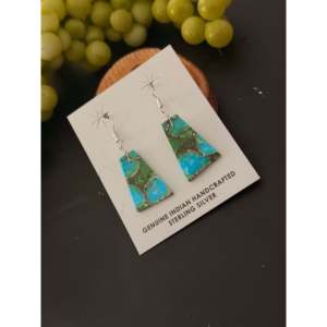 Navajo Green Mohave Turquoise & Sterling <b>Silver</b> Drop <b>Earrings</b> Geometric Slab <b>Dangle</b> Design Handmade - Product Image 2