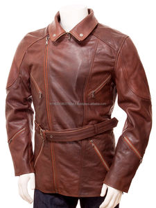 Abrigo de cuero marrón con cinturón para hombre - Product Image 4