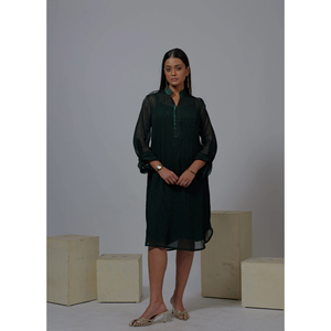 Robe Kurta élégante pour femmes, vert foncé, manches longues transparentes, vêtements de cérémonie de créateur - Product Image 6