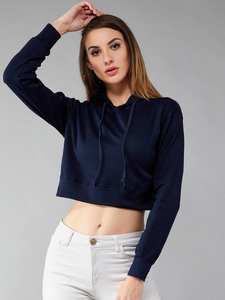 Women's <b>Navy</b> Cropped Hoodie Nonwoven Soft Fleece Pullover Long Sleeve Stylish Midriff Casual Daily Wear Breathable Comfortable - Product Image 6