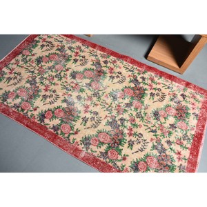 Alfombra Turca Vintage de Gran Tamaño, 3.7 x 6.6 pies, Estilo Kilim, Color Beige Rojo, Material de Lana, 10 mm, Látex Ecológico, para Comedor - Product Image 4