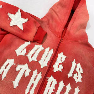 Sudaderas con cremallera recortadas personalizadas para hombres de doble capa con borde cortado desteñido al sol dobladillo crudo parche desgastado bordado invierno logotipo personalizado - Product Image 2