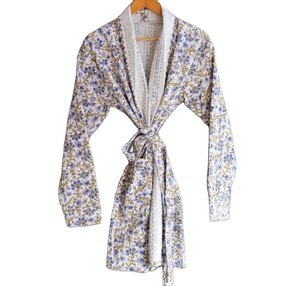 Vintage Cotton Kantha Jacket Indian Hand Block Floral Printed Coat Blue Floral Print Handmade Long Sleeve Fashion Occasion Wear - Product Image 1
