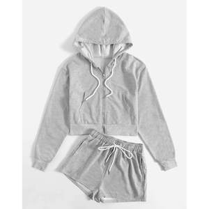 Ensemble de vêtements de sport pour femmes personnalisé en 2 pièces, nouveau design, sweat-shirt à capuche, haut court, shorts, vêtements de sport réguliers, streetwear, polaire uni, automne - Product Image 5