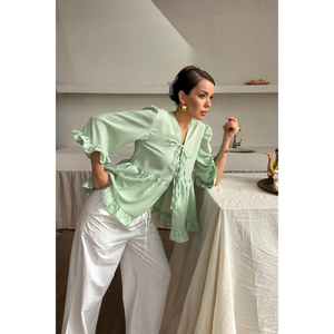 Chemise en lin pour femme avec nœud devant et détail volanté, couleur verte - Product Image 3